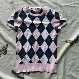J. Crew Pink and Black Argyle preppy short sleeve‎ shirt